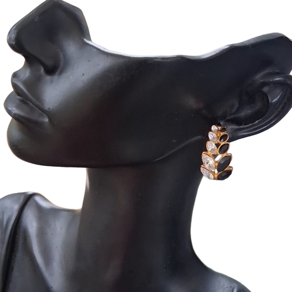 Monet Vintage Black & White Rhinestone Foliate Design Earrings - Picture 2 of 5